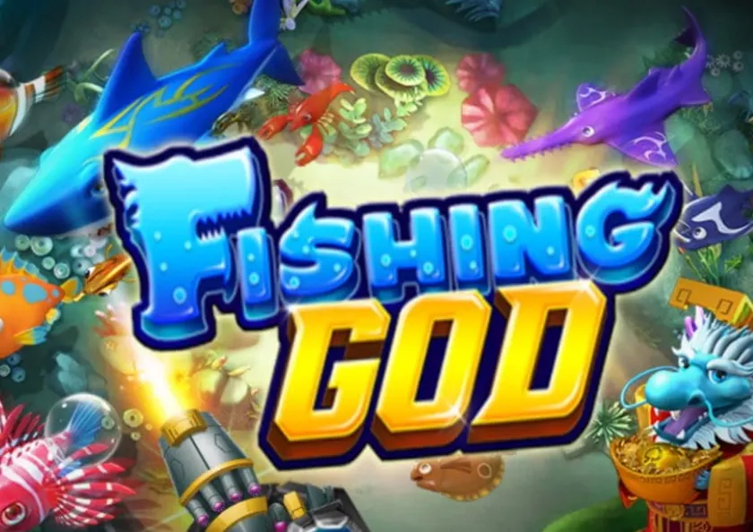 Fishing God title screen with sharks and a dragon boss, one of the best-known fishing casino games